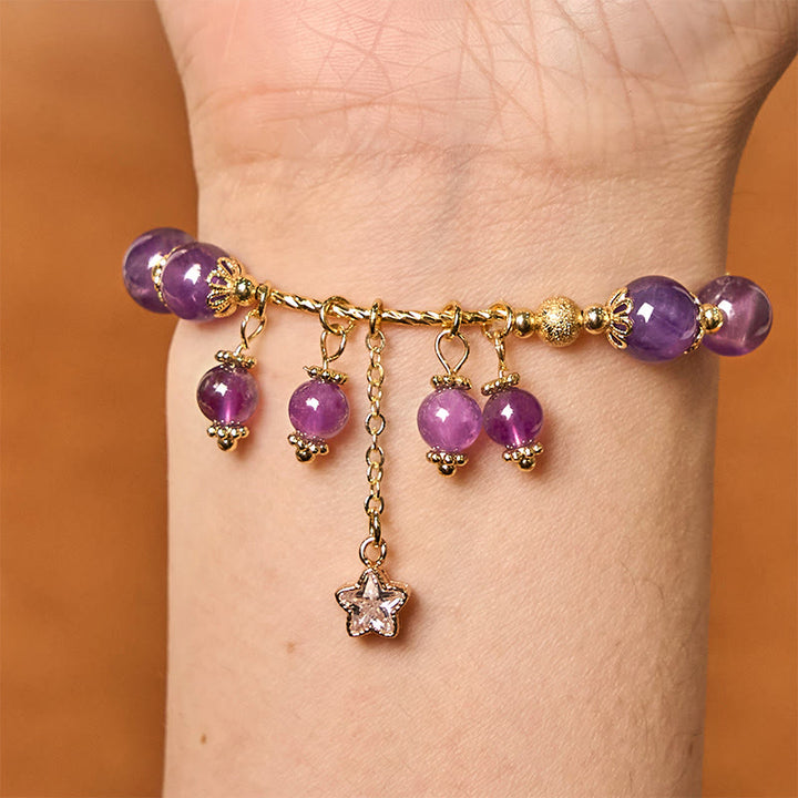Bransoletka Buddha Stones Natural Amethyst Four Leaf Clover Star Peace