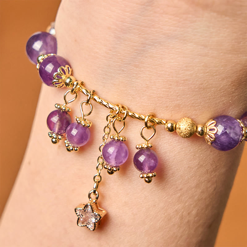 Bransoletka Buddha Stones Natural Amethyst Four Leaf Clover Star Peace