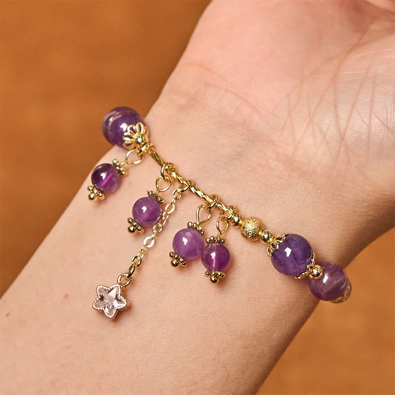 Bransoletka Buddha Stones Natural Amethyst Four Leaf Clover Star Peace