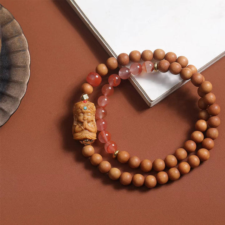 Buddha Stones Tybetańskie Zakiram Bogini Bogactwa Południowy Czerwony Agat Sandałowiec Bransoletka Fortuny - Drzewo sandałowe i czerwony agat południowy (obwód nadgarstka: 13-21 cm) - image 0