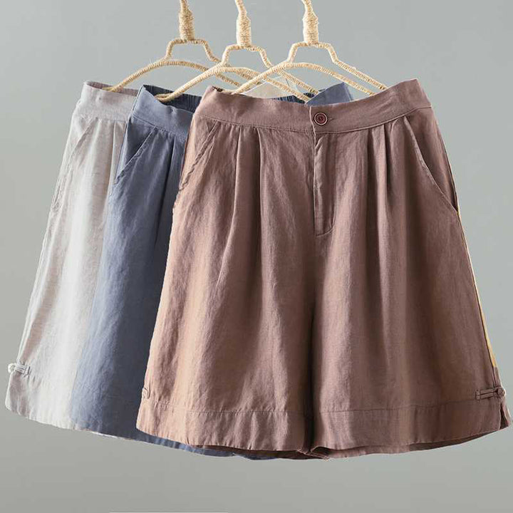 Buddha Stones Letnie Casualowe Jednokolorowe Żaby Guziki Zamek Błyskawiczny Guziki Włókna Akrylowe Damskie Szorty Z Kieszeniami - image 21