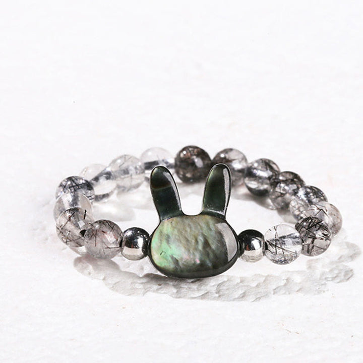 Buddha Stones 3mm Czarny Rutilated Quartz Tridacna Stone Pierścień Królik Kot - Królik (elastyczny sznurek 63 mm) - image 1