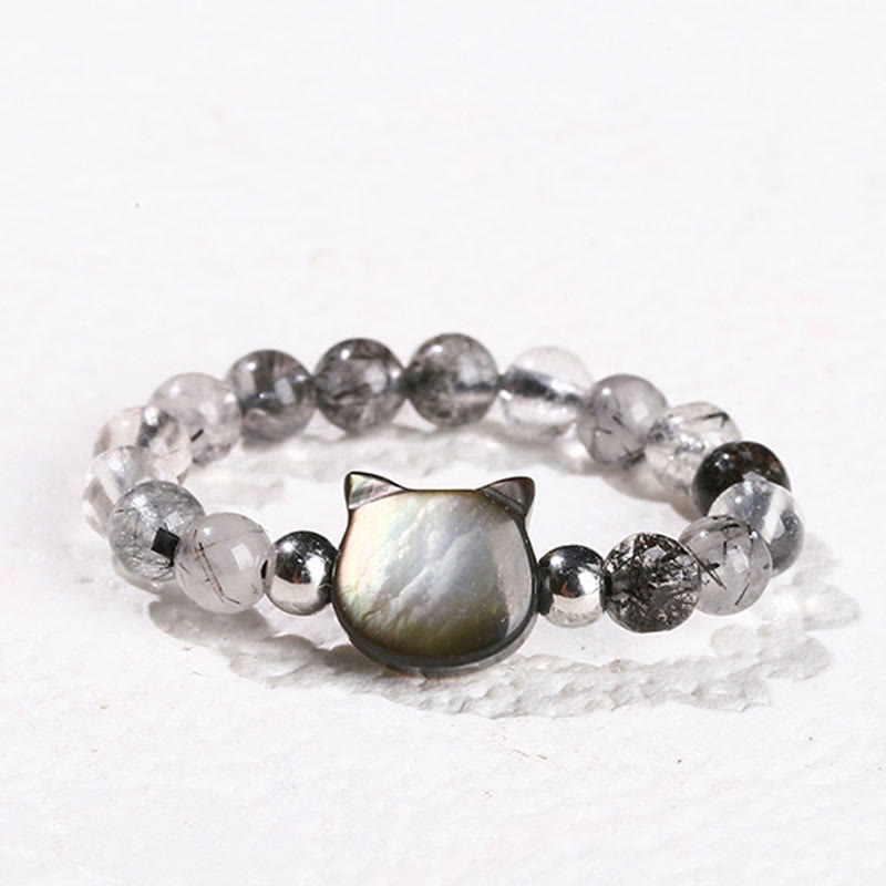 Buddha Stones 3mm Czarny Rutilated Quartz Tridacna Stone Pierścień Królik Kot - Kot (elastyczny sznurek 63 mm) - image 11