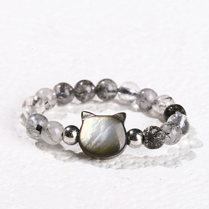 Buddha Stones 3mm Czarny Rutilated Quartz Tridacna Stone Pierścień Królik Kot - Kot (elastyczny sznurek 63 mm) - image 11