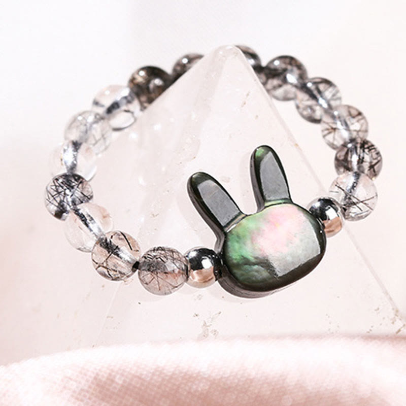 Buddha Stones 3mm Czarny Rutilated Quartz Tridacna Stone Pierścień Królik Kot - image 3