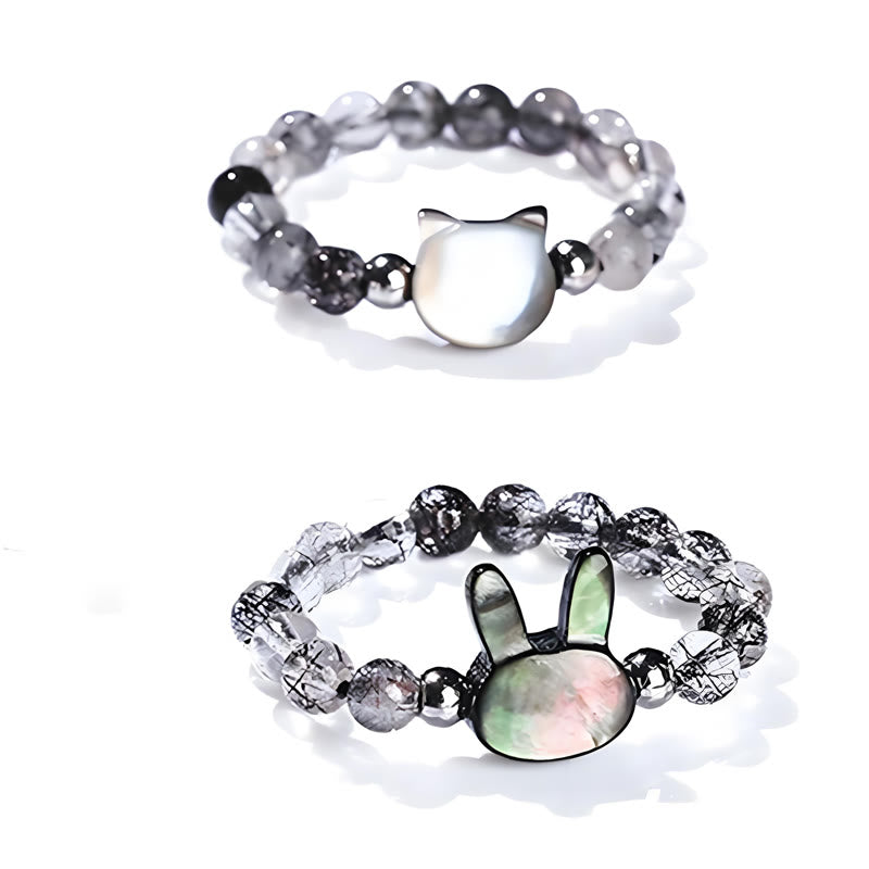 Buddha Stones 3mm Czarny Rutilated Quartz Tridacna Stone Pierścień Królik Kot - image 15