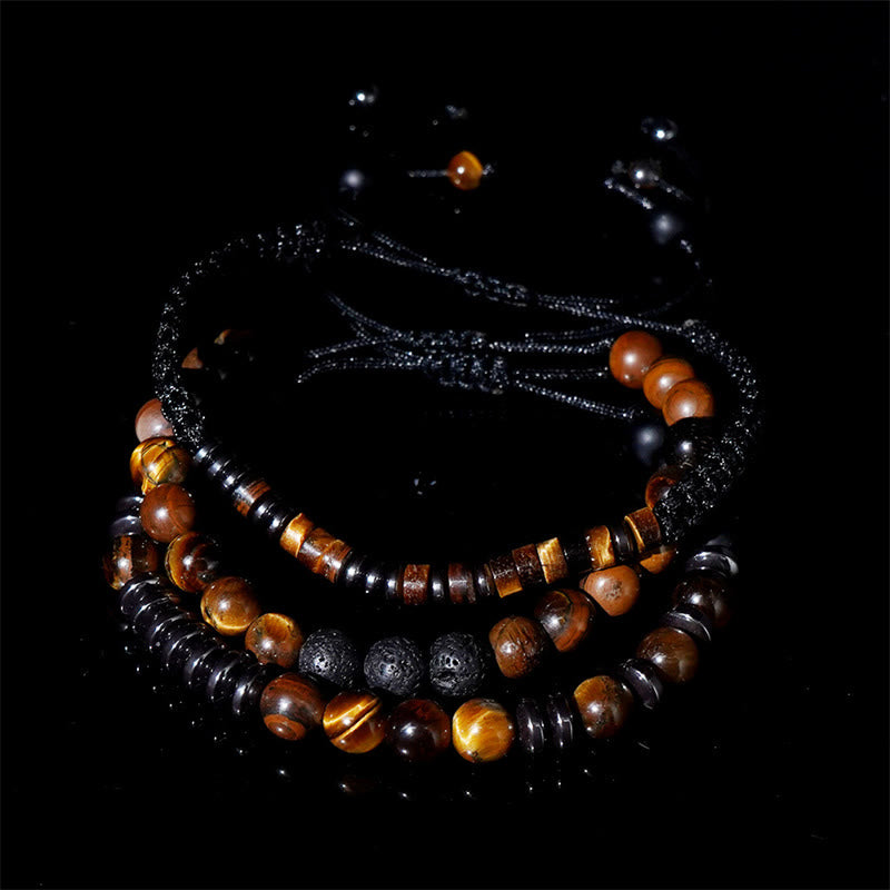 Zestaw 3 bransoletek ochronnych z Buddha Stones i kamieniami lawowymi Tiger Eye