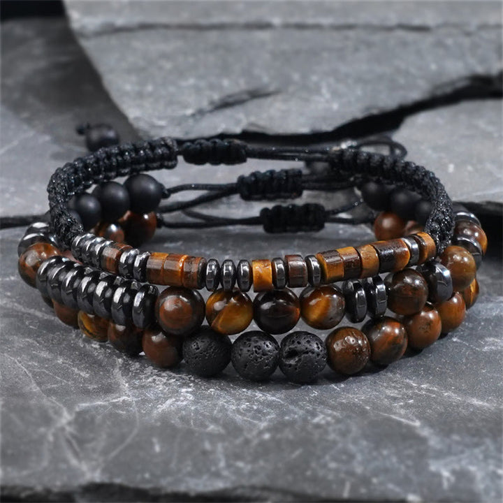 Zestaw 3 bransoletek ochronnych z Buddha Stones i kamieniami lawowymi Tiger Eye