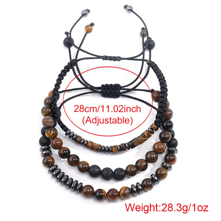 Zestaw 3 bransoletek ochronnych z Buddha Stones i kamieniami lawowymi Tiger Eye