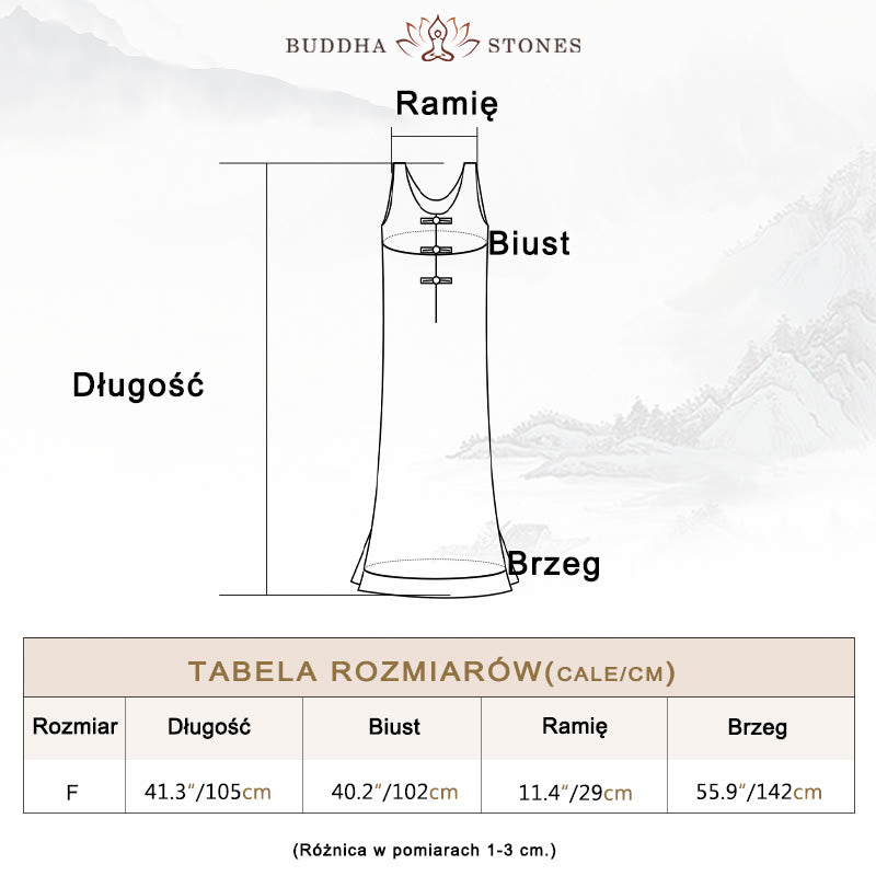 Sukienka damska z ramii, bez rękawów, do kolan, z kieszeniami, z Buddha Stones, żabą i guzikami - image 3