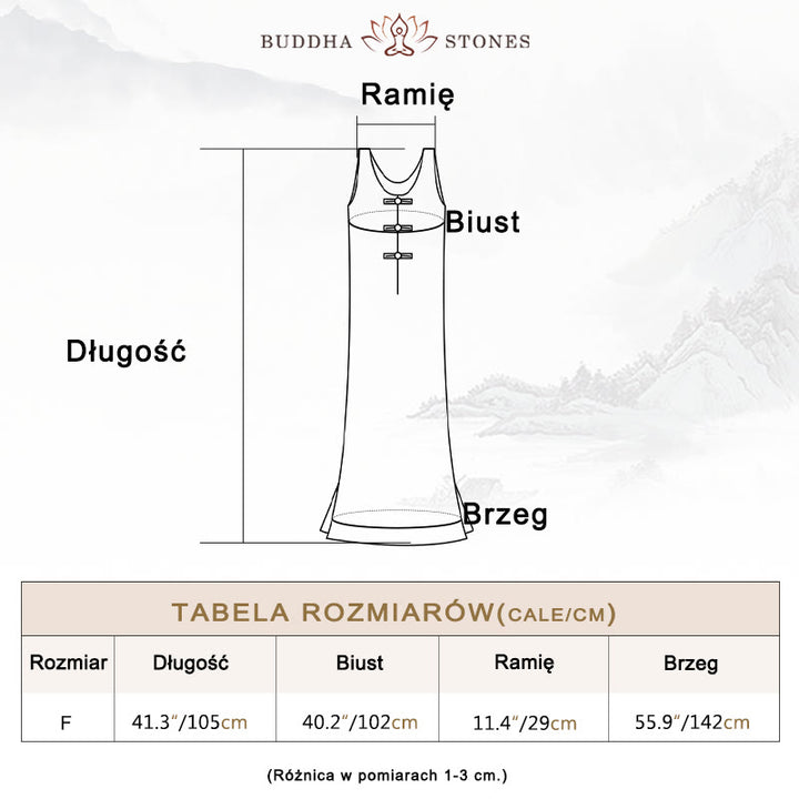 Sukienka damska z ramii, bez rękawów, do kolan, z kieszeniami, z Buddha Stones, żabą i guzikami - image 3