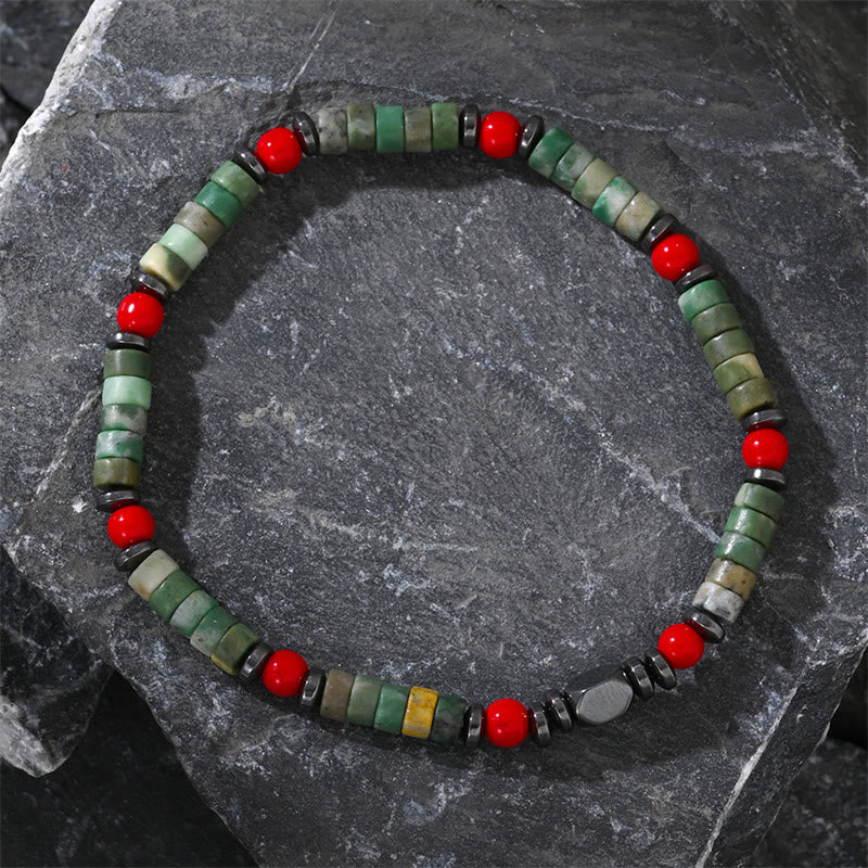 Buddha Stones Naturalny Zielony Kamień Hematyt Czerwony Koral Potężna Bransoletka