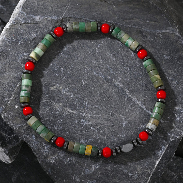 Buddha Stones Naturalny Zielony Kamień Hematyt Czerwony Koral Potężna Bransoletka