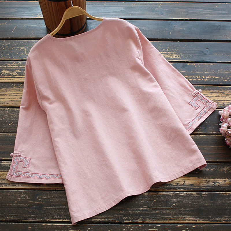 Koszula damska z haftem żaba z Buddha Stones i lnem, bawełną i rękawami trzy czwarte