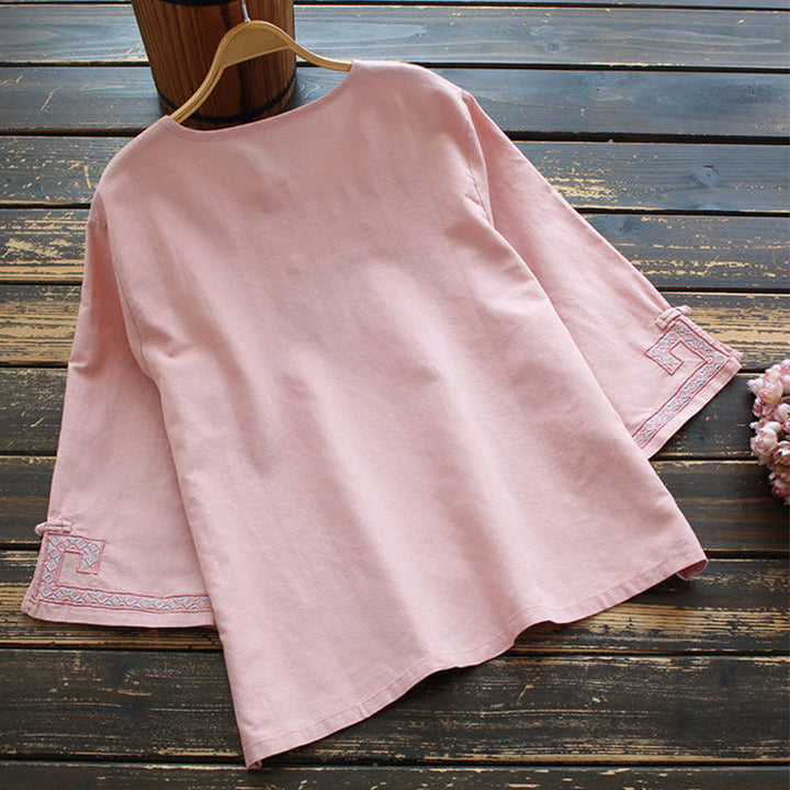 Koszula damska z haftem żaba z Buddha Stones i lnem, bawełną i rękawami trzy czwarte