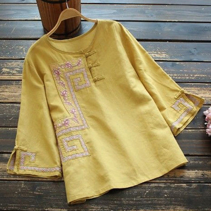 Koszula damska z haftem żaba z Buddha Stones i lnem, bawełną i rękawami trzy czwarte - Khaki - US14, UK/AU18, EU46 (4XL) - image 0