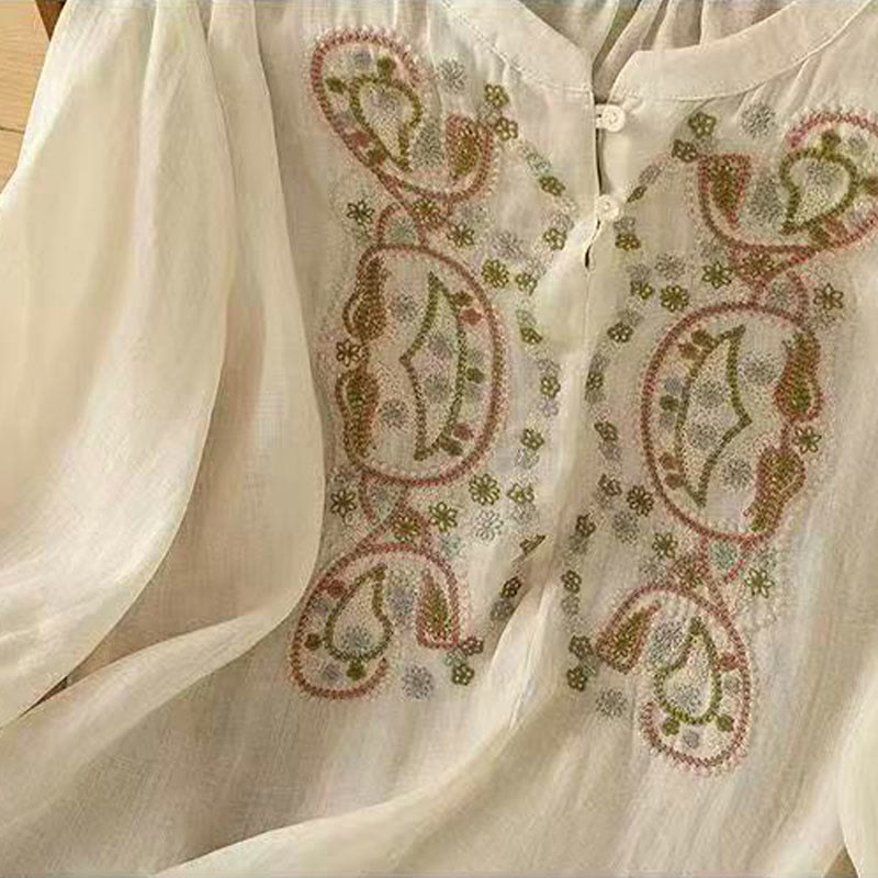 Koszula damska z bawełny Buddha Stones Casual Loose Haft Żaba Guzik Pół Rękaw Okrągły Dekolt - image 7