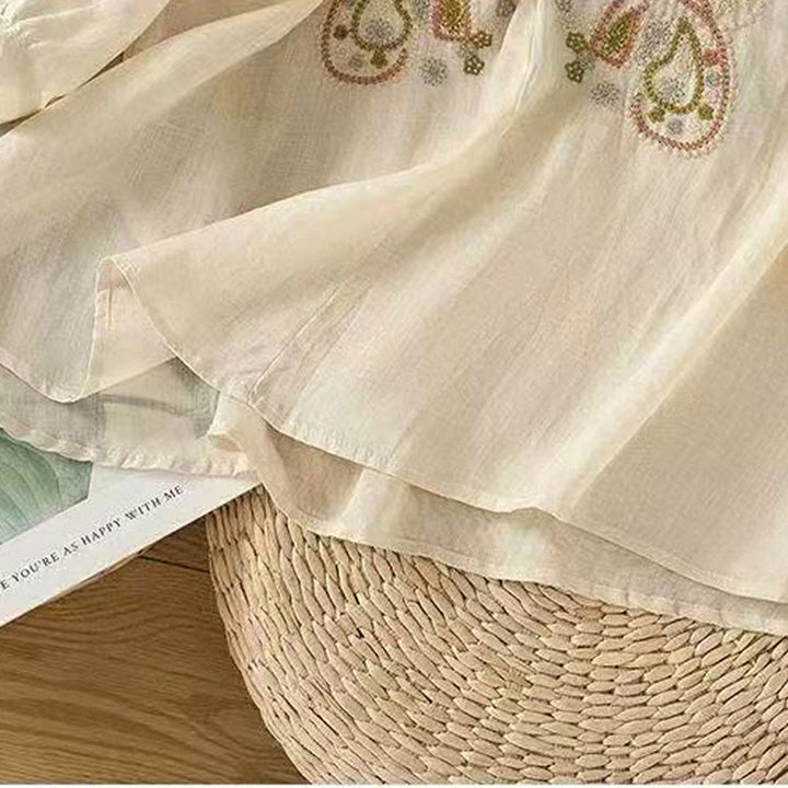 Koszula damska z bawełny Buddha Stones Casual Loose Haft Żaba Guzik Pół Rękaw Okrągły Dekolt - image 10