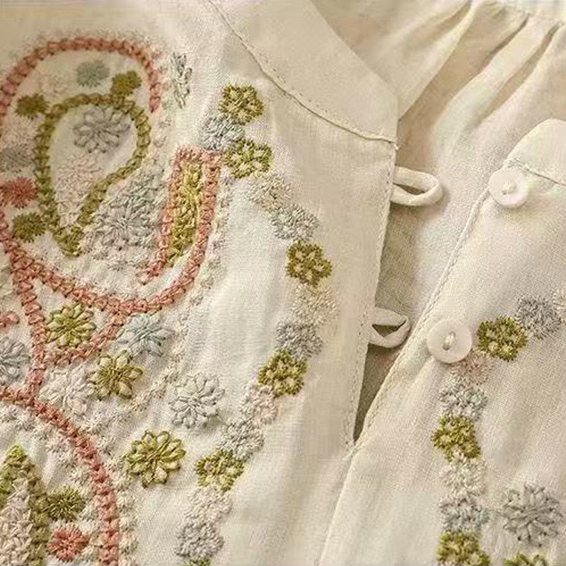 Koszula damska z bawełny Buddha Stones Casual Loose Haft Żaba Guzik Pół Rękaw Okrągły Dekolt - image 11