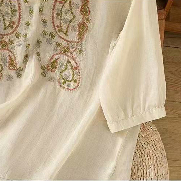 Koszula damska z bawełny Buddha Stones Casual Loose Haft Żaba Guzik Pół Rękaw Okrągły Dekolt - image 6