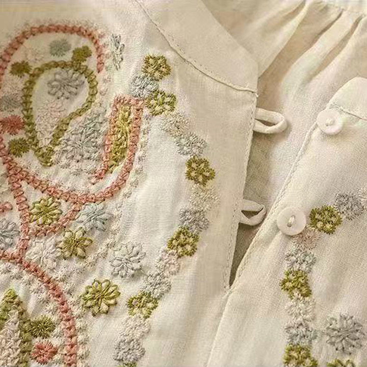 Koszula damska z bawełny Buddha Stones Casual Loose Haft Żaba Guzik Pół Rękaw Okrągły Dekolt - image 11