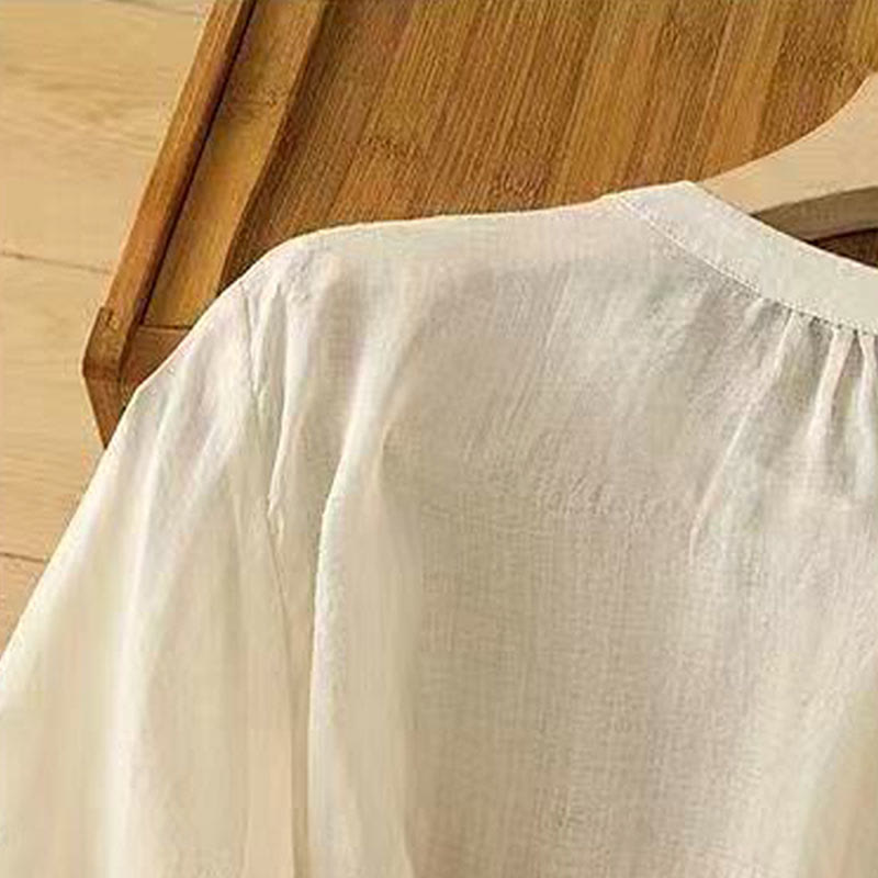 Koszula damska z bawełny Buddha Stones Casual Loose Haft Żaba Guzik Pół Rękaw Okrągły Dekolt - image 9