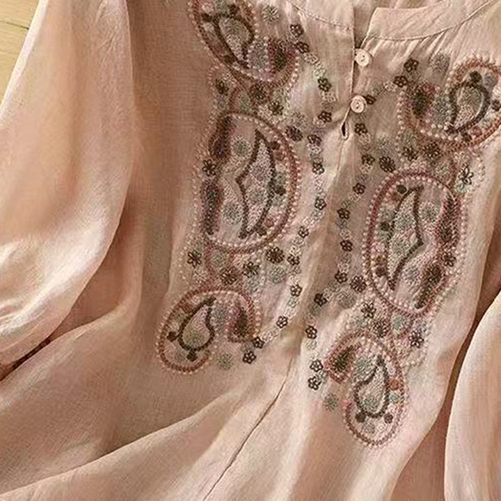 Koszula damska z bawełny Buddha Stones Casual Loose Haft Żaba Guzik Pół Rękaw Okrągły Dekolt - image 14