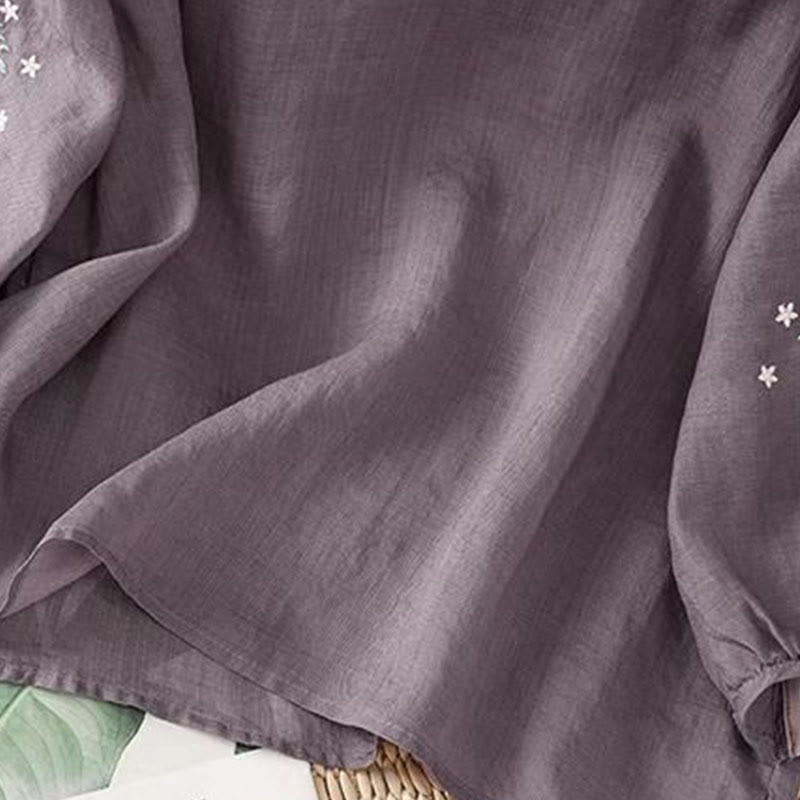 Koszulka damska z okrągłym dekoltem i bawełnianym lnem z nadrukiem Buddha Stones , swobodny kwiatowy haft liściowy, rękaw trzy czwarte - image 2