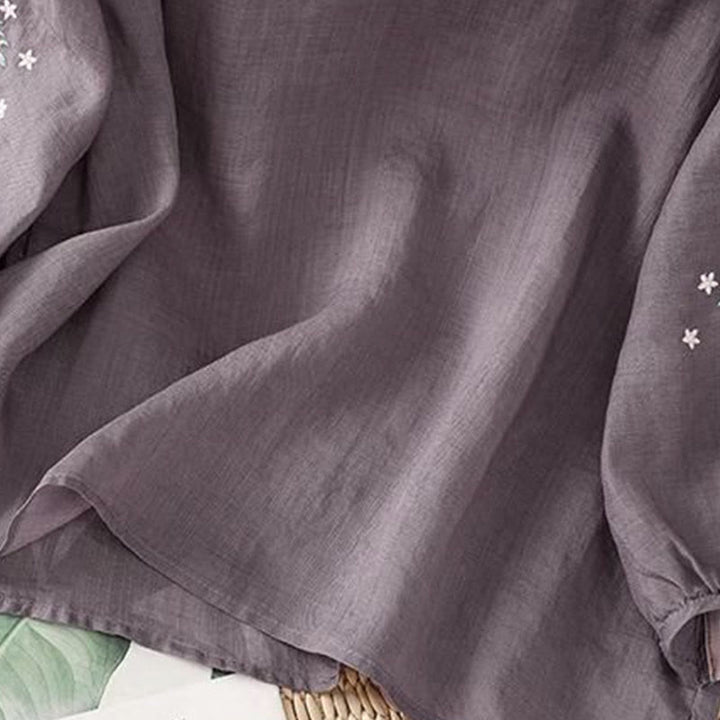 Koszulka damska z okrągłym dekoltem i bawełnianym lnem z nadrukiem Buddha Stones , swobodny kwiatowy haft liściowy, rękaw trzy czwarte - image 2