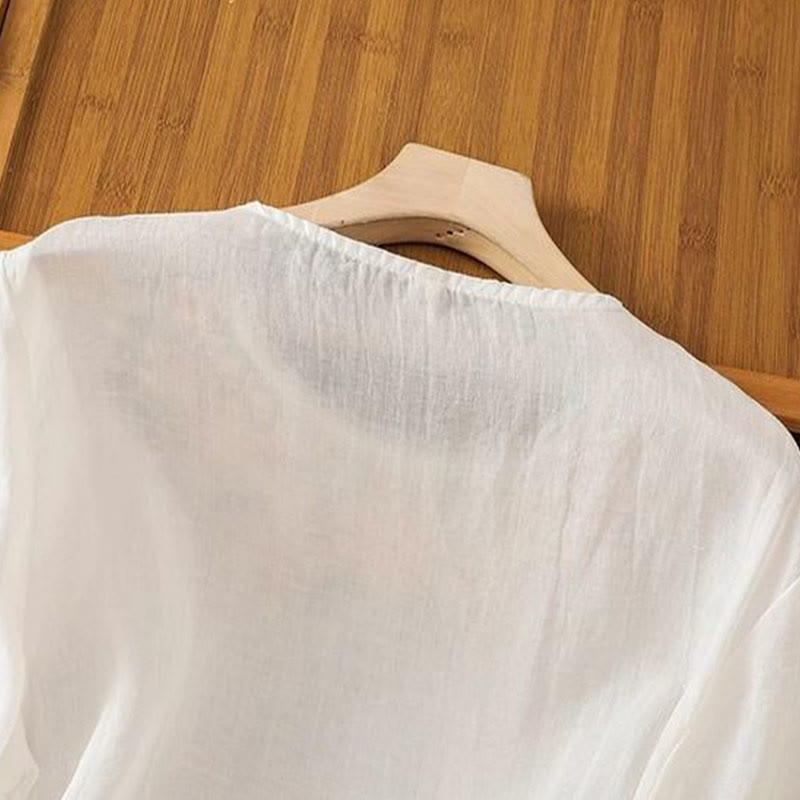 Koszulka damska z okrągłym dekoltem i bawełnianym lnem z nadrukiem Buddha Stones , swobodny kwiatowy haft liściowy, rękaw trzy czwarte - image 8