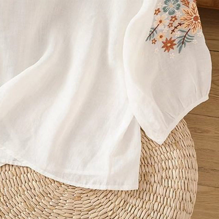 Koszulka damska z okrągłym dekoltem i bawełnianym lnem z nadrukiem Buddha Stones , swobodny kwiatowy haft liściowy, rękaw trzy czwarte - image 10