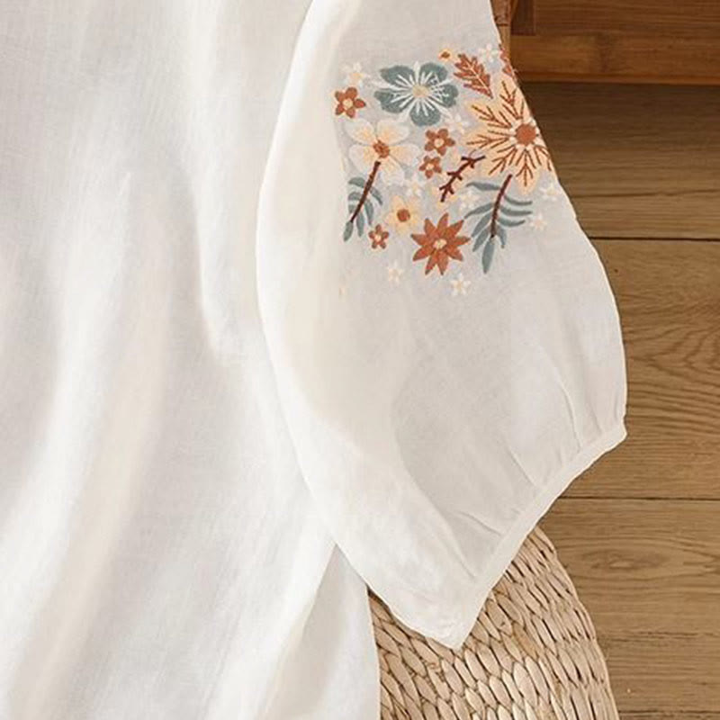 Koszulka damska z okrągłym dekoltem i bawełnianym lnem z nadrukiem Buddha Stones , swobodny kwiatowy haft liściowy, rękaw trzy czwarte - image 9