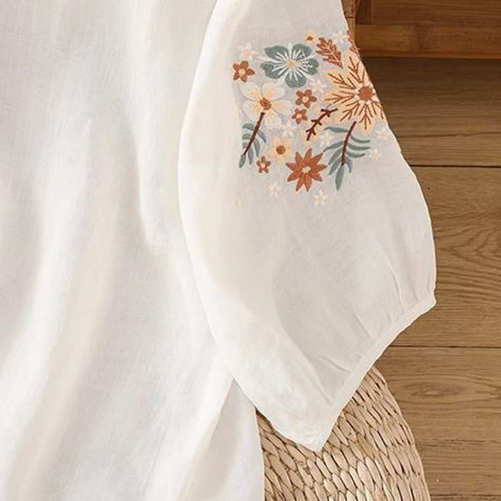 Koszulka damska z okrągłym dekoltem i bawełnianym lnem z nadrukiem Buddha Stones , swobodny kwiatowy haft liściowy, rękaw trzy czwarte - image 9