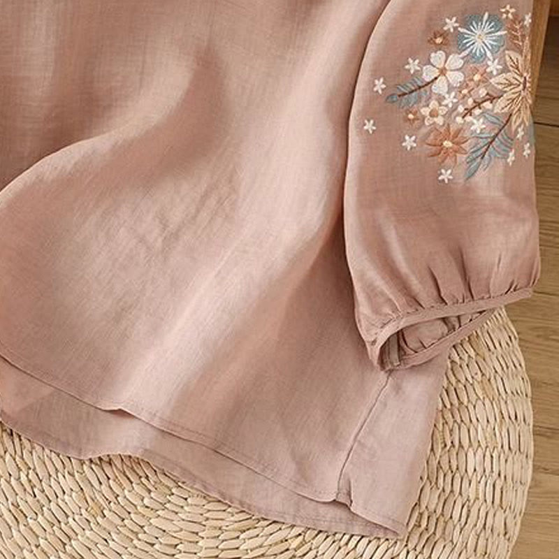 Koszulka damska z okrągłym dekoltem i bawełnianym lnem z nadrukiem Buddha Stones , swobodny kwiatowy haft liściowy, rękaw trzy czwarte - image 16