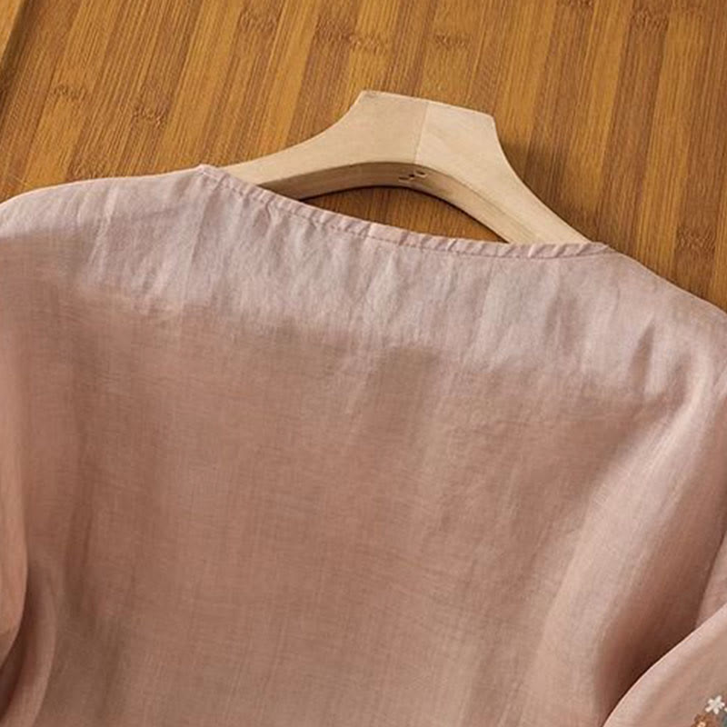 Koszulka damska z okrągłym dekoltem i bawełnianym lnem z nadrukiem Buddha Stones , swobodny kwiatowy haft liściowy, rękaw trzy czwarte - image 14