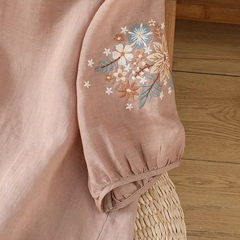 Koszulka damska z okrągłym dekoltem i bawełnianym lnem z nadrukiem Buddha Stones , swobodny kwiatowy haft liściowy, rękaw trzy czwarte - image 15