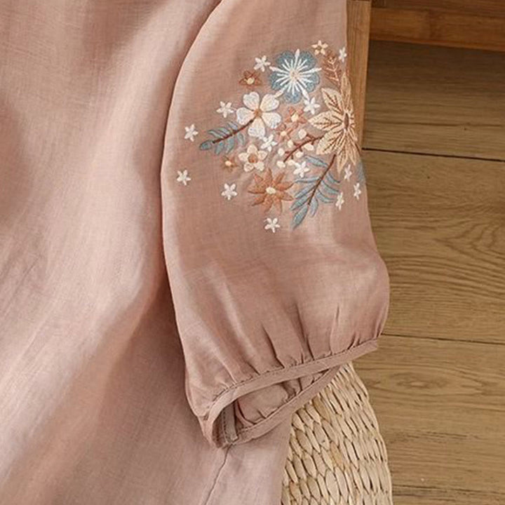 Koszulka damska z okrągłym dekoltem i bawełnianym lnem z nadrukiem Buddha Stones , swobodny kwiatowy haft liściowy, rękaw trzy czwarte - image 15