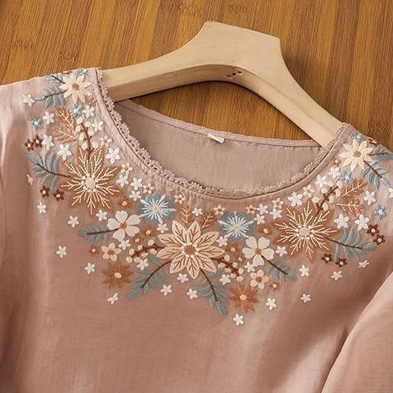 Koszulka damska z okrągłym dekoltem i bawełnianym lnem z nadrukiem Buddha Stones , swobodny kwiatowy haft liściowy, rękaw trzy czwarte - image 13