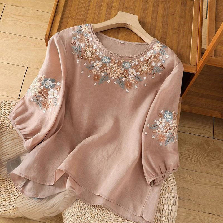 Koszulka damska z okrągłym dekoltem i bawełnianym lnem z nadrukiem Buddha Stones , swobodny kwiatowy haft liściowy, rękaw trzy czwarte - DarkSalmon - US12, UK/AU16, EU44 (3XL) - image 11