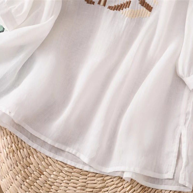 Koszulka damska z okrągłym dekoltem i krótkim rękawem z elastycznej tkaniny Buddha Stones Casual Symmetrical Embroidery