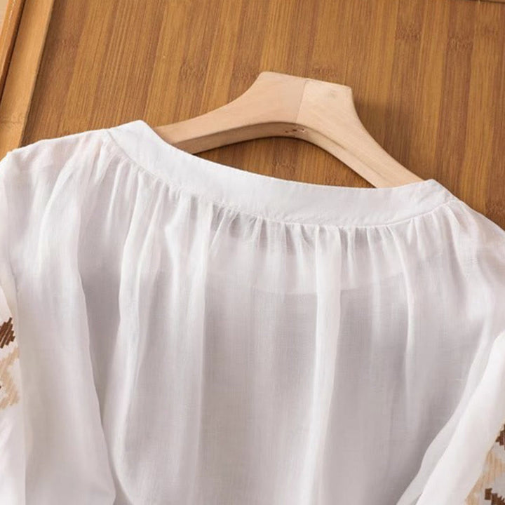 Koszulka damska z okrągłym dekoltem i krótkim rękawem z elastycznej tkaniny Buddha Stones Casual Symmetrical Embroidery - image 3