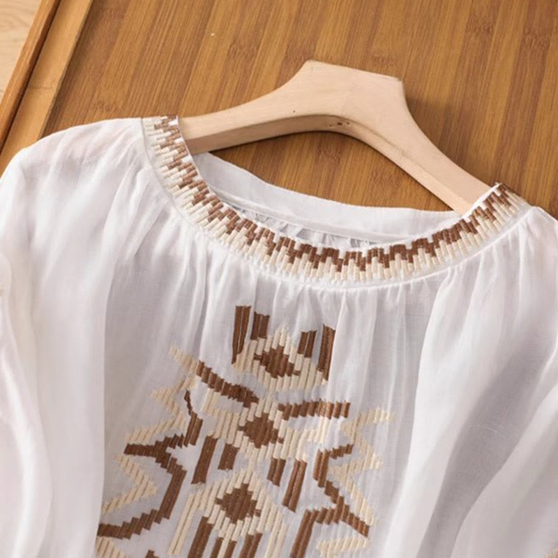 Koszulka damska z okrągłym dekoltem i krótkim rękawem z elastycznej tkaniny Buddha Stones Casual Symmetrical Embroidery - image 2