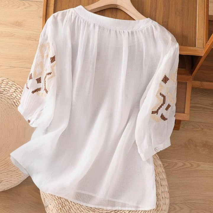 Koszulka damska z okrągłym dekoltem i krótkim rękawem z elastycznej tkaniny Buddha Stones Casual Symmetrical Embroidery