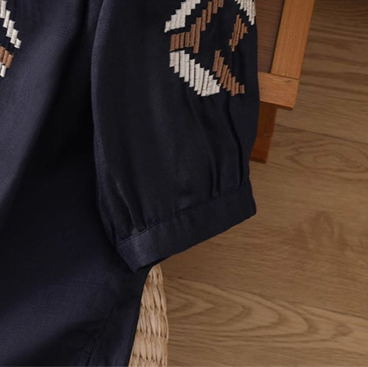 Koszulka damska z okrągłym dekoltem i krótkim rękawem z elastycznej tkaniny Buddha Stones Casual Symmetrical Embroidery