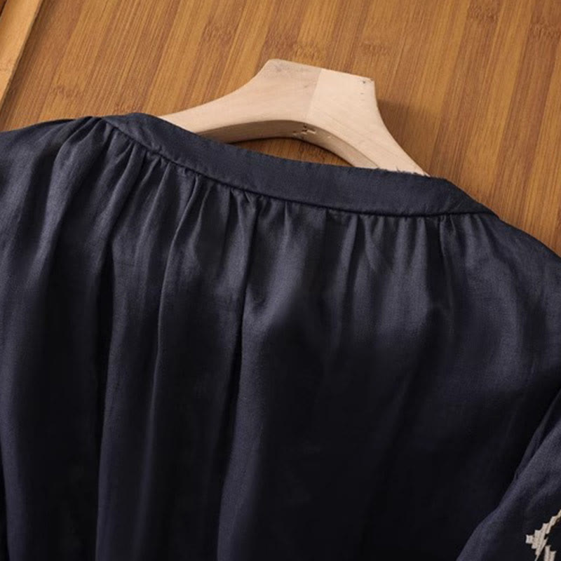 Koszulka damska z okrągłym dekoltem i krótkim rękawem z elastycznej tkaniny Buddha Stones Casual Symmetrical Embroidery