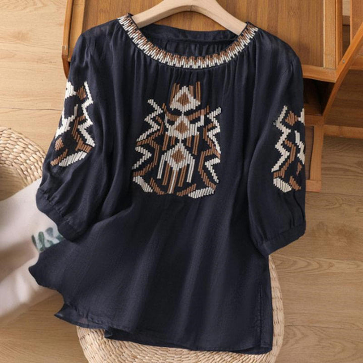 Koszulka damska z okrągłym dekoltem i krótkim rękawem z elastycznej tkaniny Buddha Stones Casual Symmetrical Embroidery