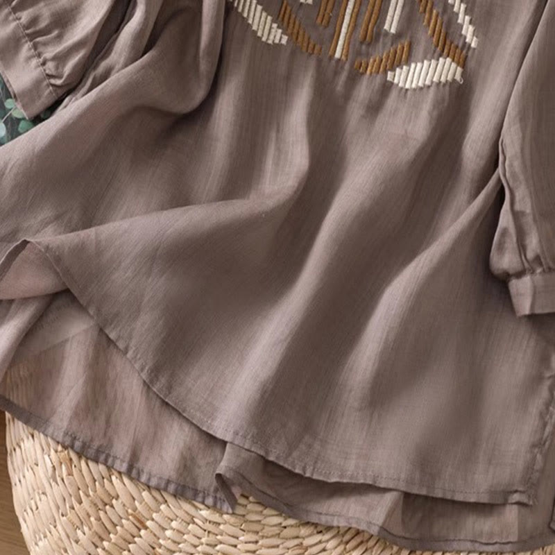 Koszulka damska z okrągłym dekoltem i krótkim rękawem z elastycznej tkaniny Buddha Stones Casual Symmetrical Embroidery