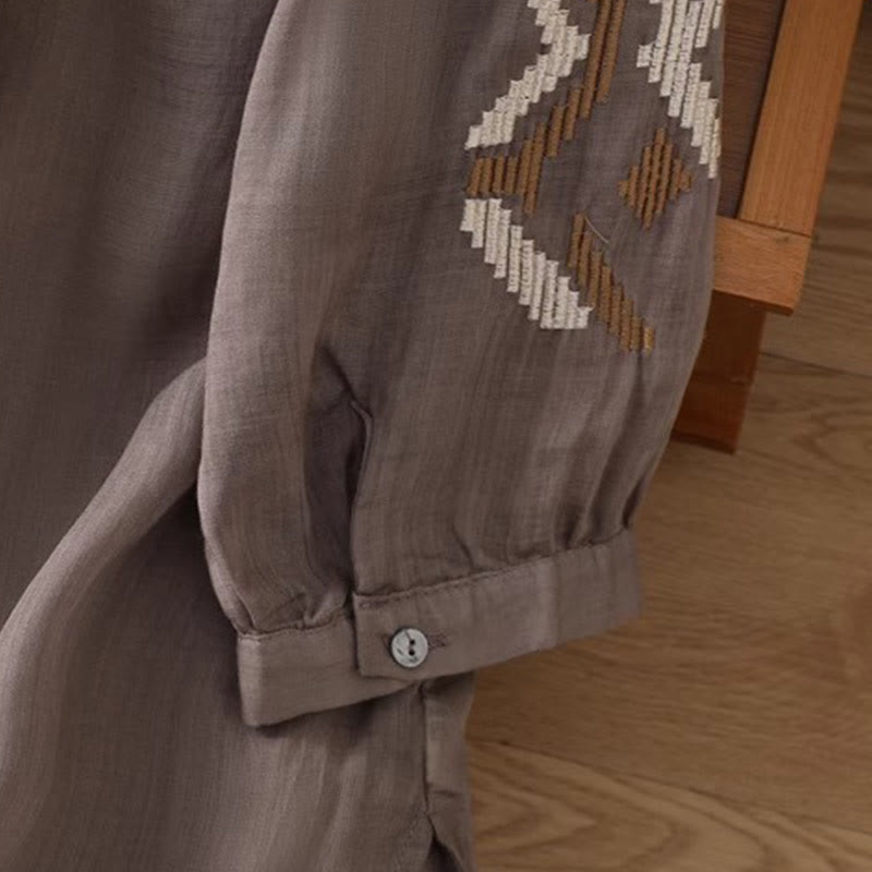 Koszulka damska z okrągłym dekoltem i krótkim rękawem z elastycznej tkaniny Buddha Stones Casual Symmetrical Embroidery