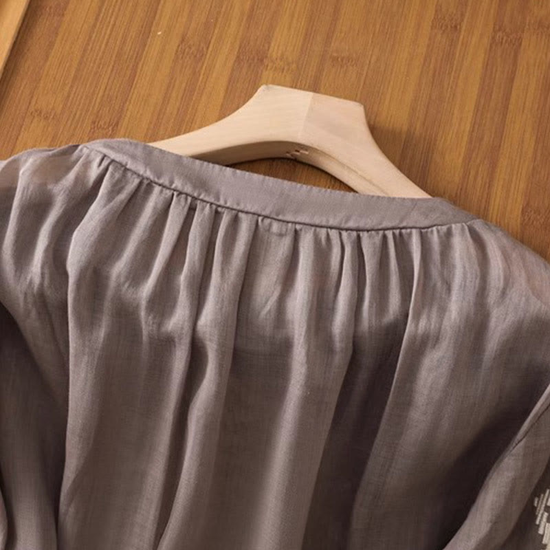 Koszulka damska z okrągłym dekoltem i krótkim rękawem z elastycznej tkaniny Buddha Stones Casual Symmetrical Embroidery