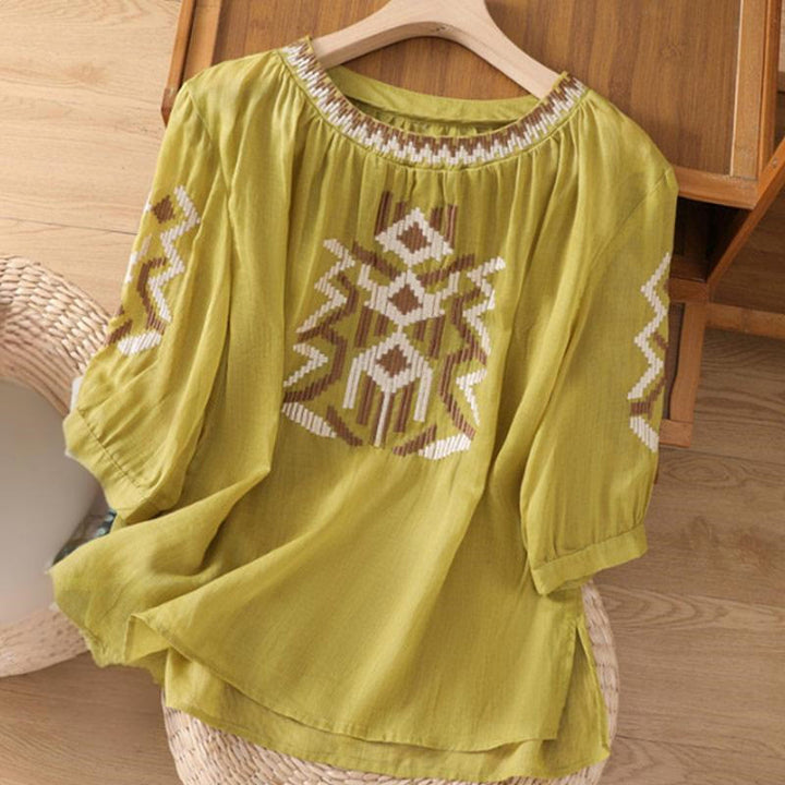 Koszulka damska z okrągłym dekoltem i krótkim rękawem z elastycznej tkaniny Buddha Stones Casual Symmetrical Embroidery